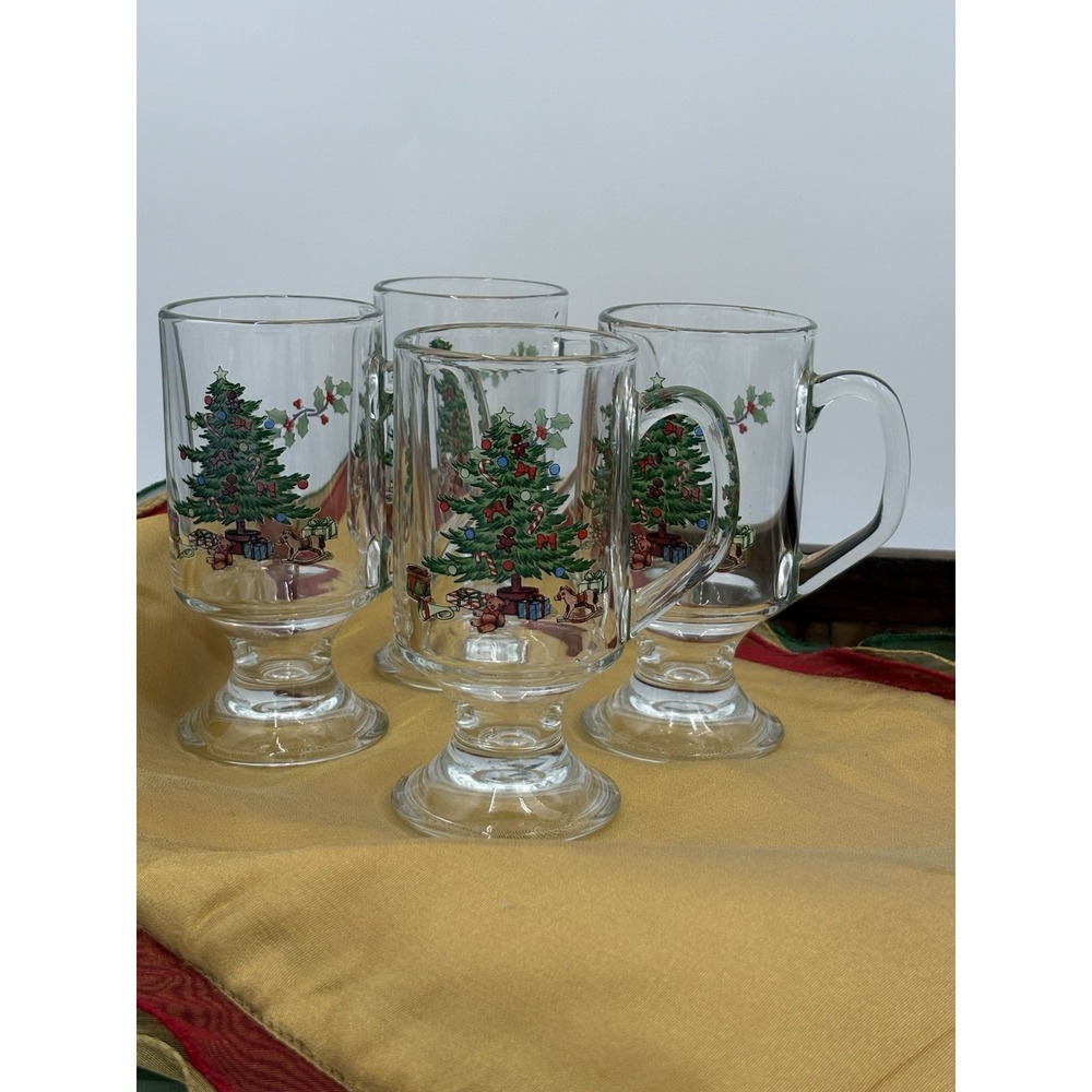 4x Cuthbertson‎ Original Christmas Tree Glass Mugs Handles Footed Irish Coffee